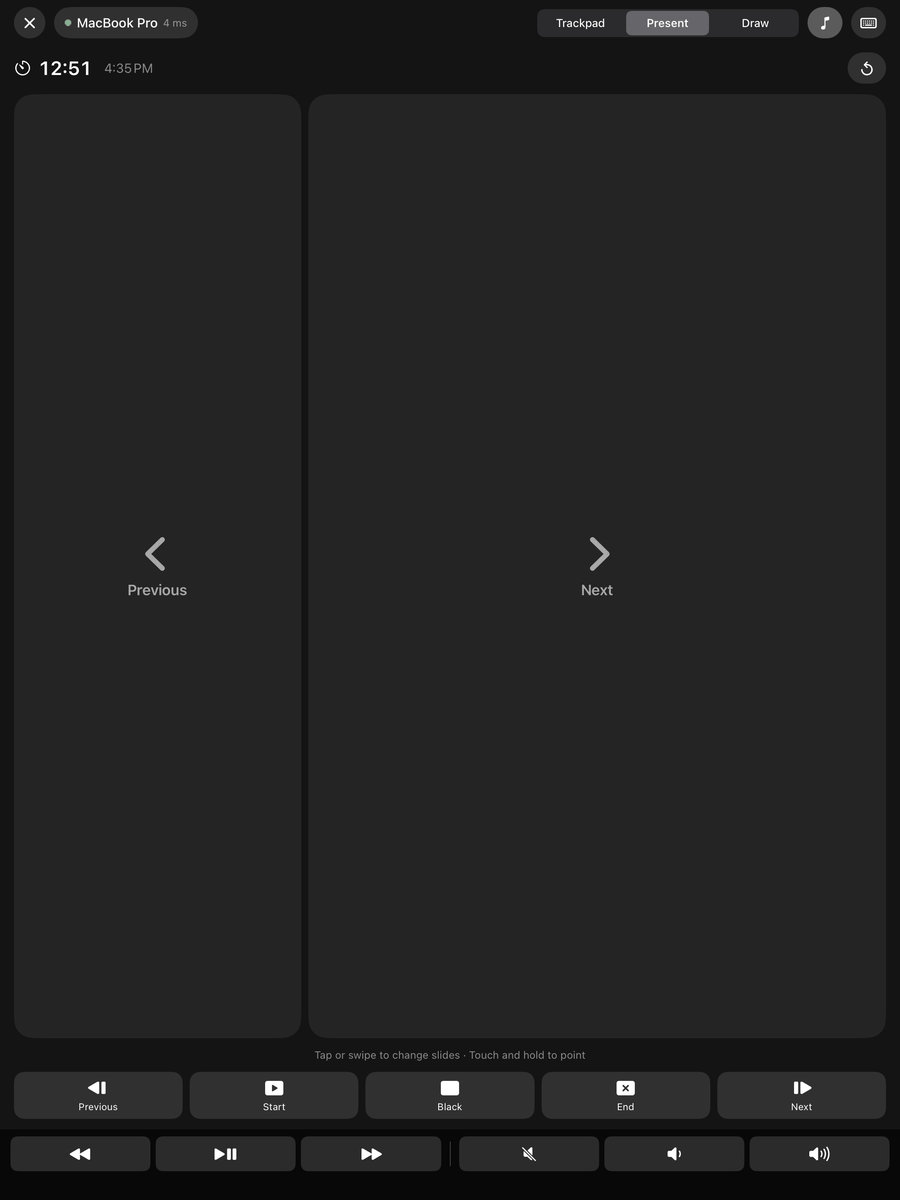 Le mode Présenter de RPad sur iPad, avec les zones Précédent et Suivant, un minuteur, des boutons de diaporama et des touches multimédias.