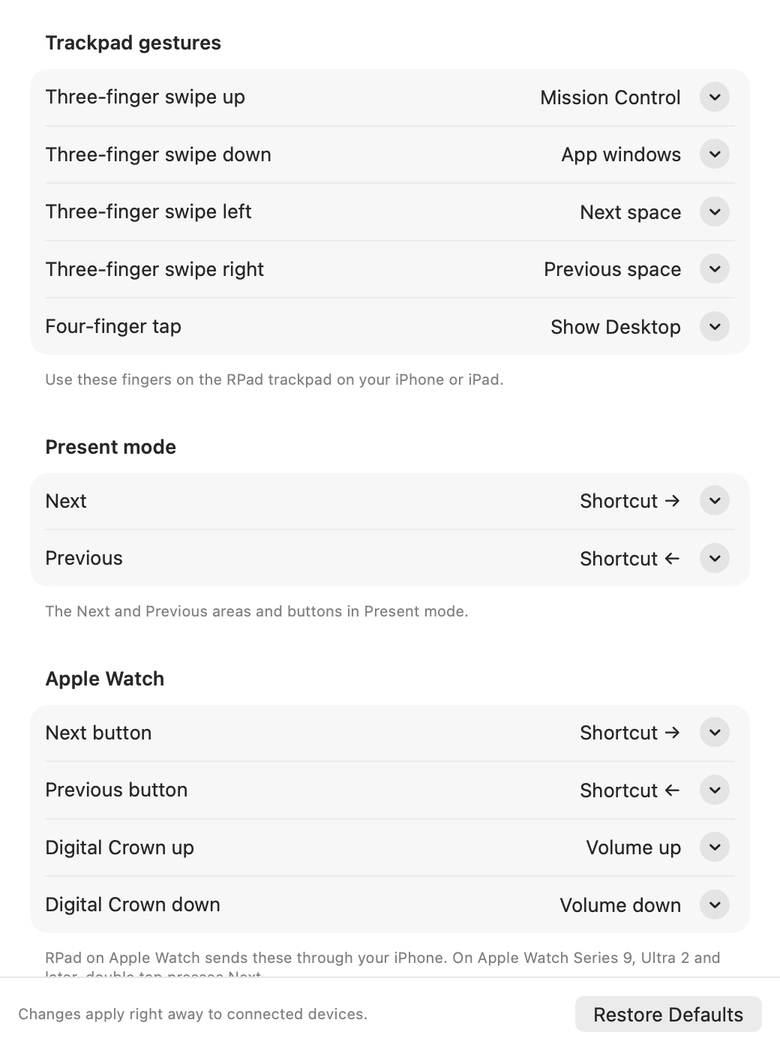 Das Fenster für Gesten und Apple Watch auf dem Mac.